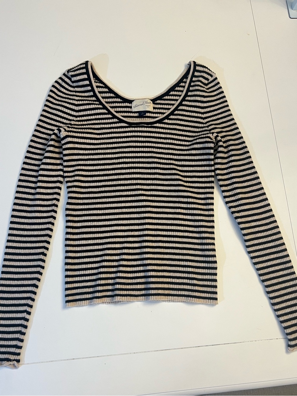 Black and Cream Striped Ribbed Long-Sleeve Top